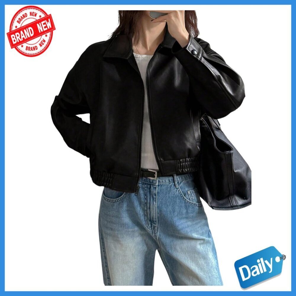 Faux Leather Zip Up Jacket Long Sleeve Motorcycle Style Collared